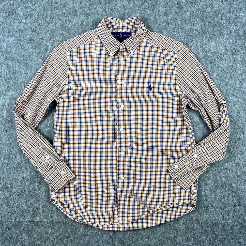 Ralph Lauren Boys Button Up Shirt Long Sleeve Orange Navy Plaid Size M (10-12)